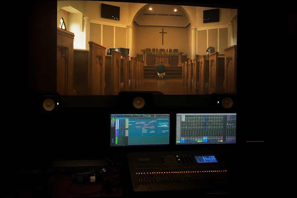 Audio mixing studio with engineer adjusting levels on digital console for surround sound production