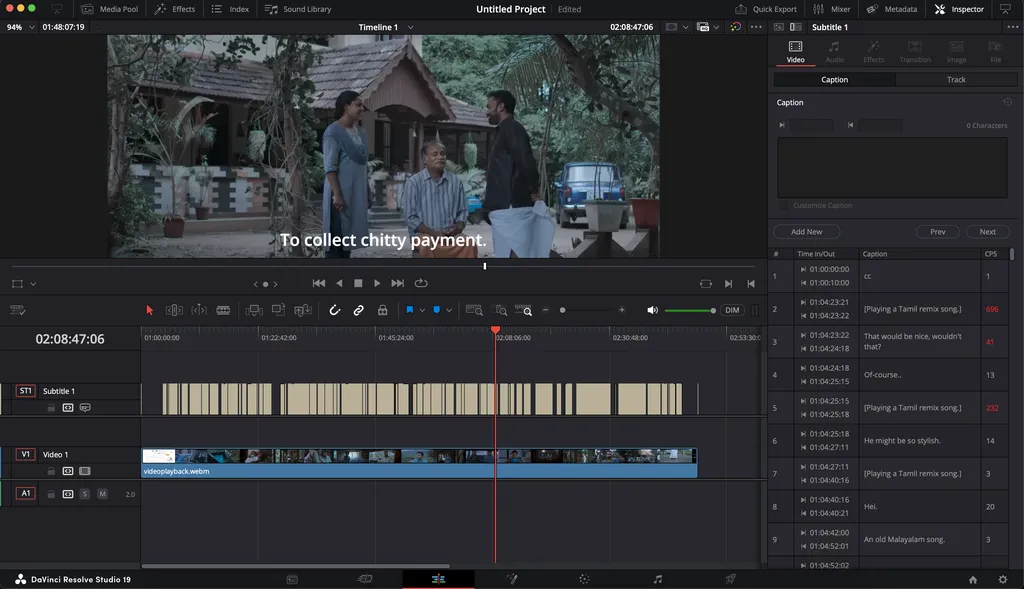 Subtitling workstation showing synchronization of Malayalam subtitles with English dialogue