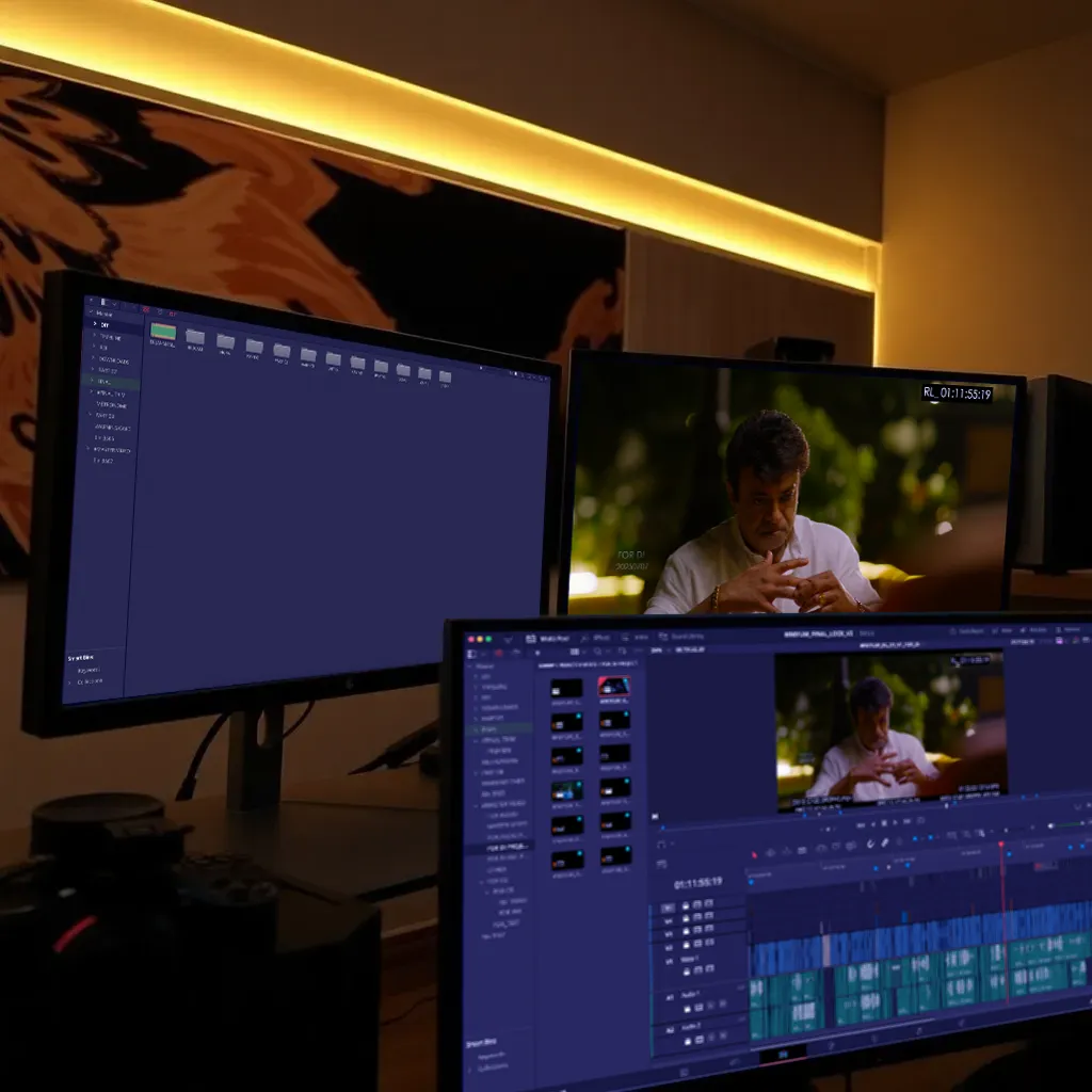 Film editing workstation with professional monitors showing timeline of a Malayalam feature film