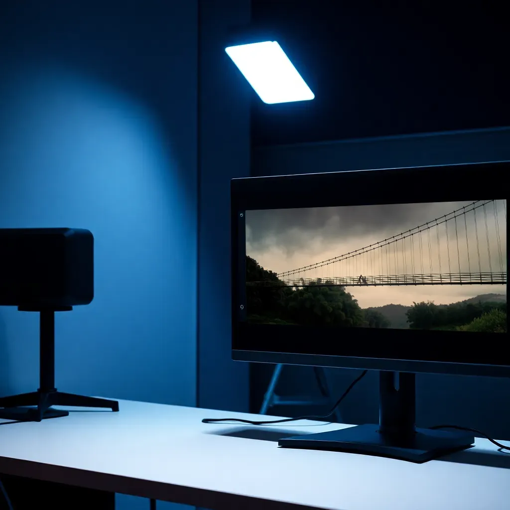 VFX workstation showing compositing of green screen footage with CG environments